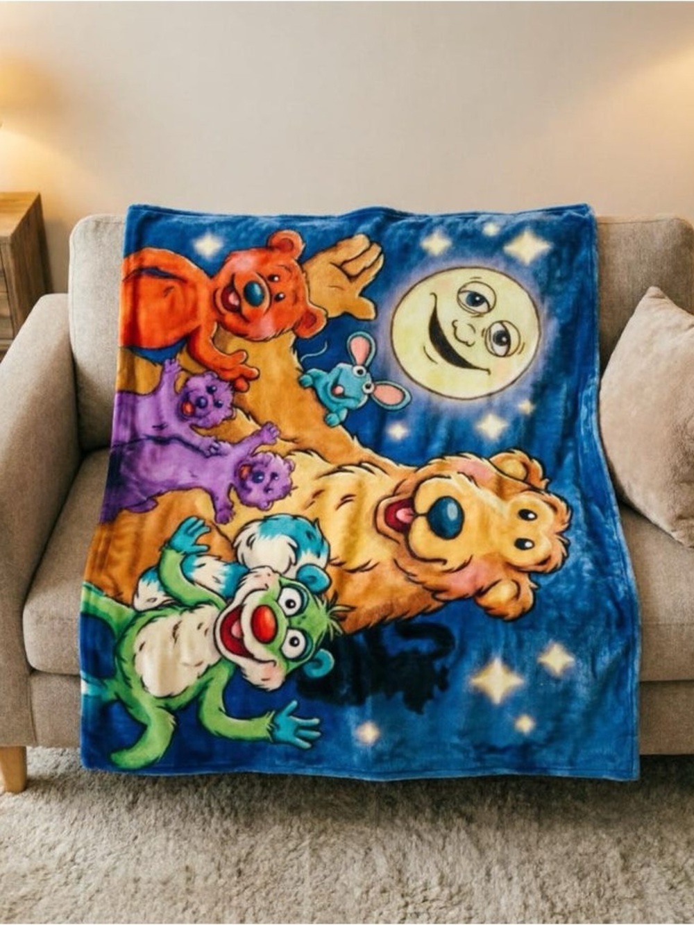 Blue Cartoon Animal Fleece Throw Blanket with Moon Design
